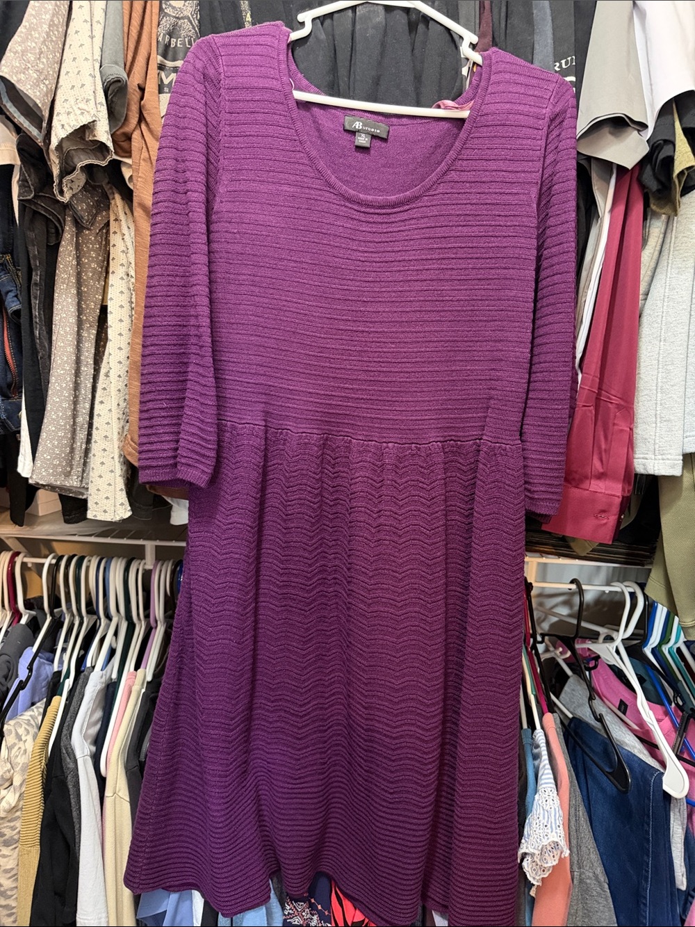 AB Studio Purple Textured Scoop-Neck Midi Dress